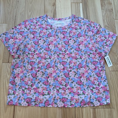 NWT Old Navy Everywear Pink Floral Short Sleeve Cropped Cotton Shirt Large