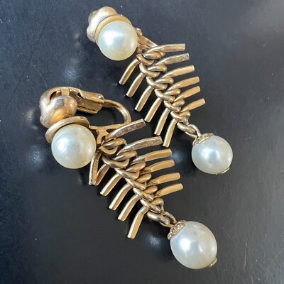 Vintage EMMONS emj Clip Earrings Pearl Fish Bone Style Gold Tone Retro Wire Drop