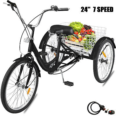 VEVOR 24" Adult Tricycle 7-Speeds Trike 3-Wheel Bicycle w/ Basket & Lock