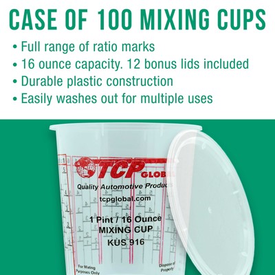 16-Ounce (1 Pint) Paint & Epoxy Mixing Cup Calibrated Ratios - 100 Cups/12 Lids