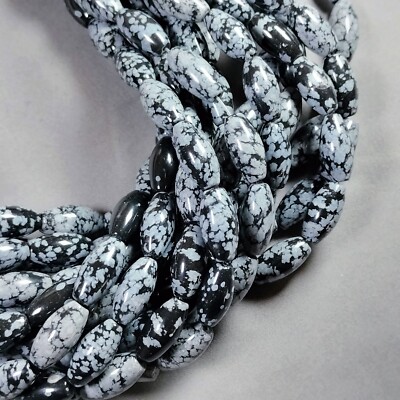 Volcanic Black & Gray Snowflake Obsidian Oval Rice Beads 10x8mm 15'' Str