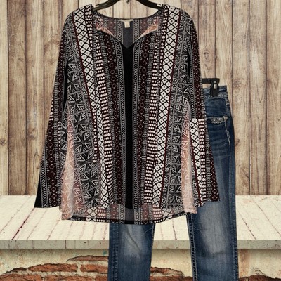 Cato Blouse Women s Large Multicolor Geometric Split Long Sleeve Tie V-Neck Top