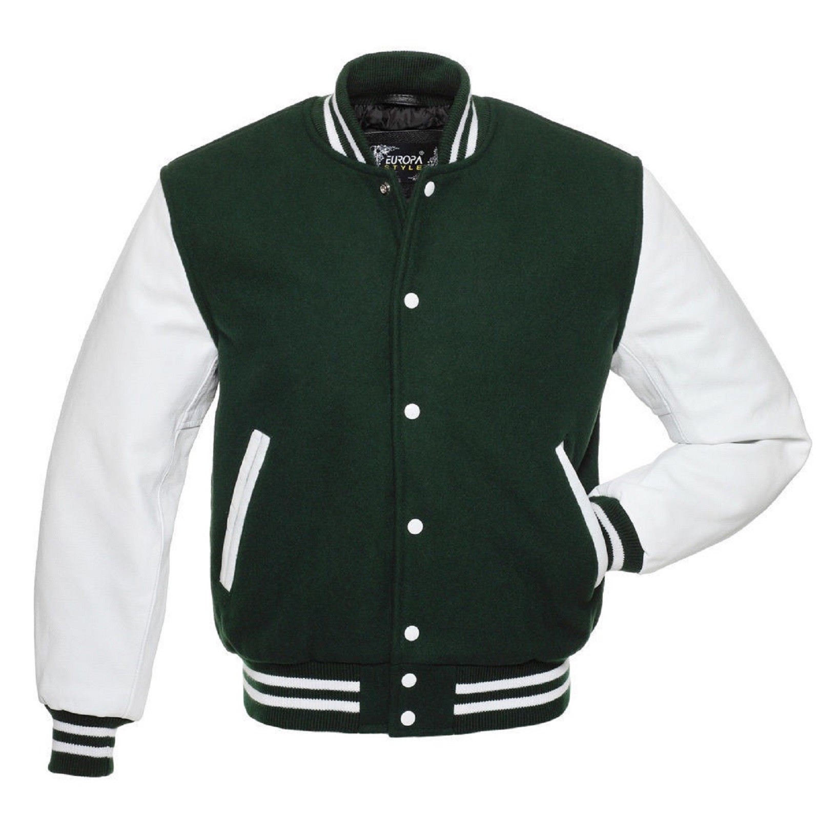 Green Wool White Real Leather Sleeves Letterman Varsity