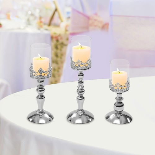 S With Glass, Set Of 3 Silver Hurricane Candle Holder Modern