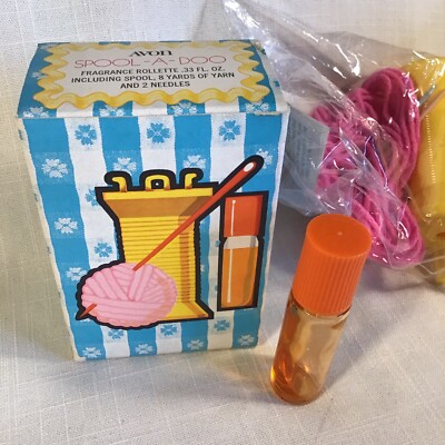 New in Box Vintage 1970 s Avon Spool- A - Doo Fragrance Rollette .33oz Complete