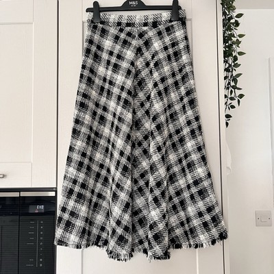 MANGO MNG Black & Ivory Checked A-line Skirt M BNWT Woven Tweed Frayed Hem