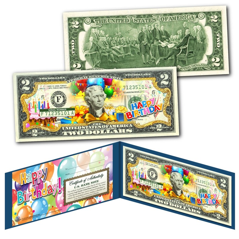 HAPPY BIRTHDAY Keepsake Gift Colorized $2 Bill U.S. Genuine Legal