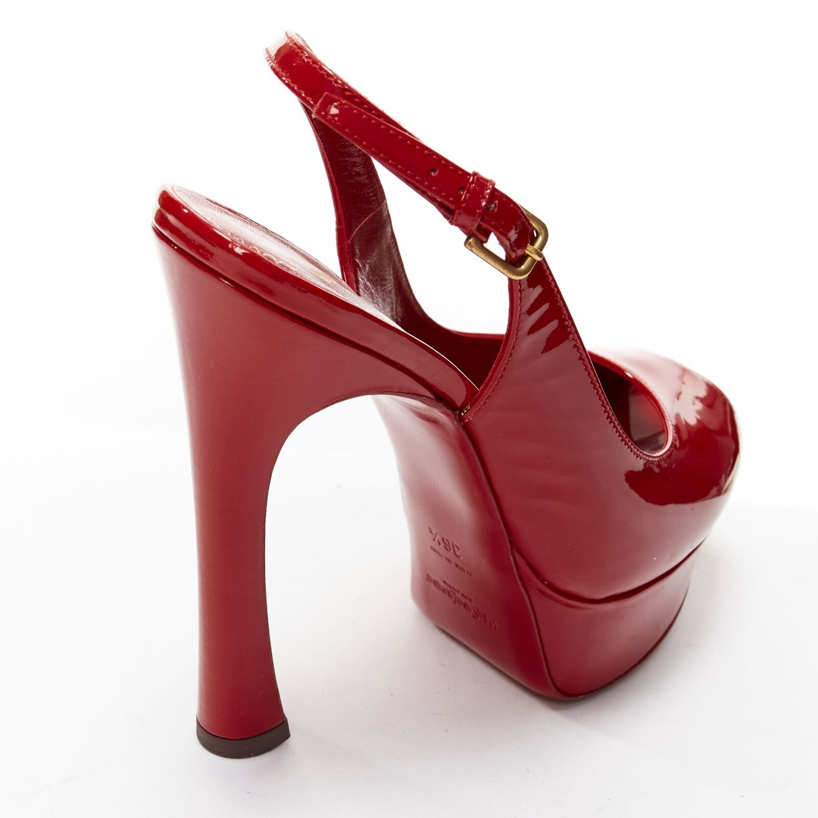 YVES SAINT LAURENT red patent peep toe platform slingback YVES SAINT LAURENT red patent peep toe platform slingback