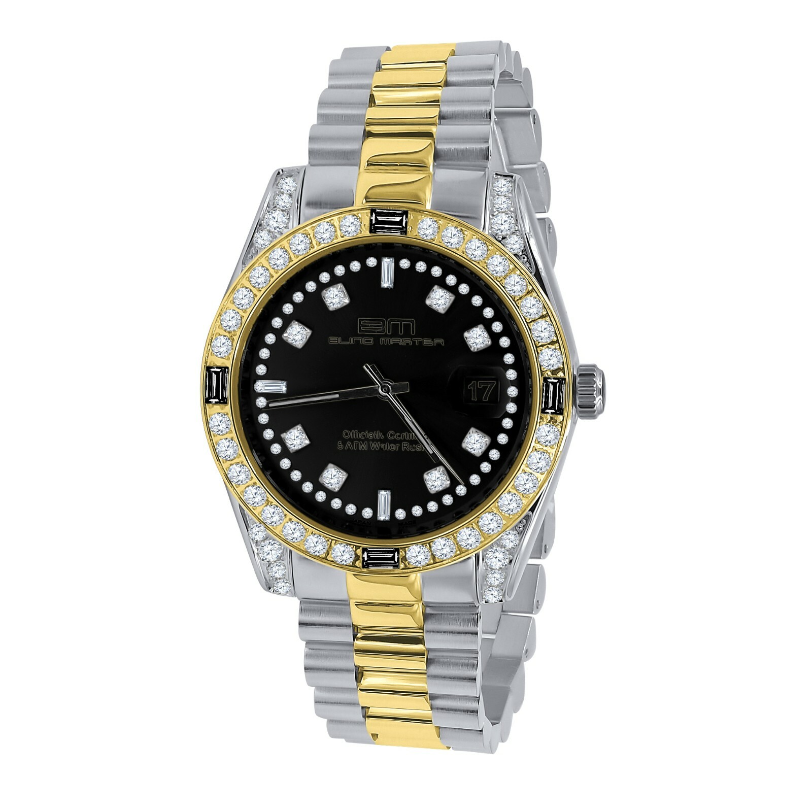 Pre-owned Bling Master - Majesty Mens Solid Steel 2 Tone Gold Black Dial Simulated Diamonds President Watch 40mm