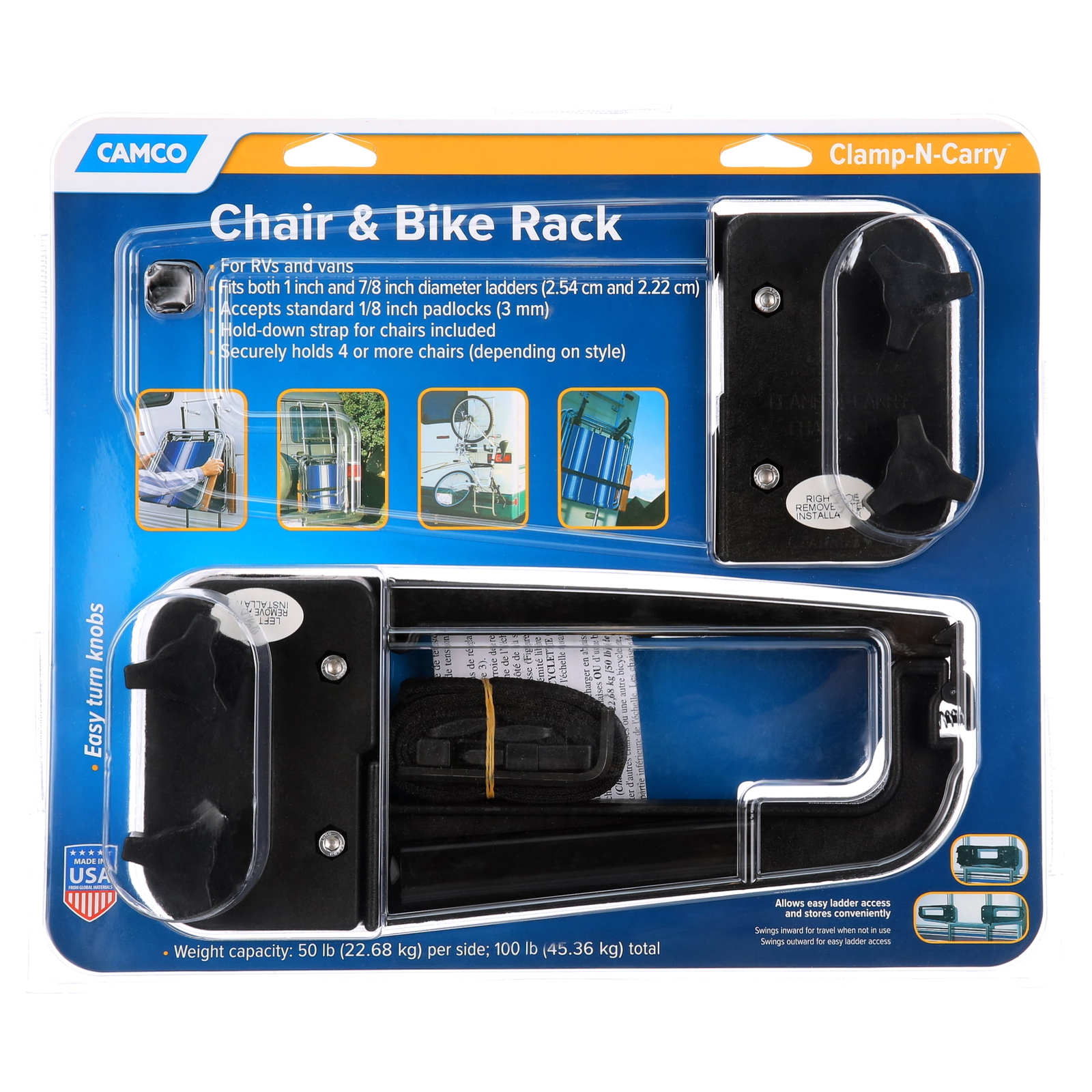 Camco Clamp-N-Carry Lockable Chair/ Bike Rack, Clamps on Your RV Ladder, Black