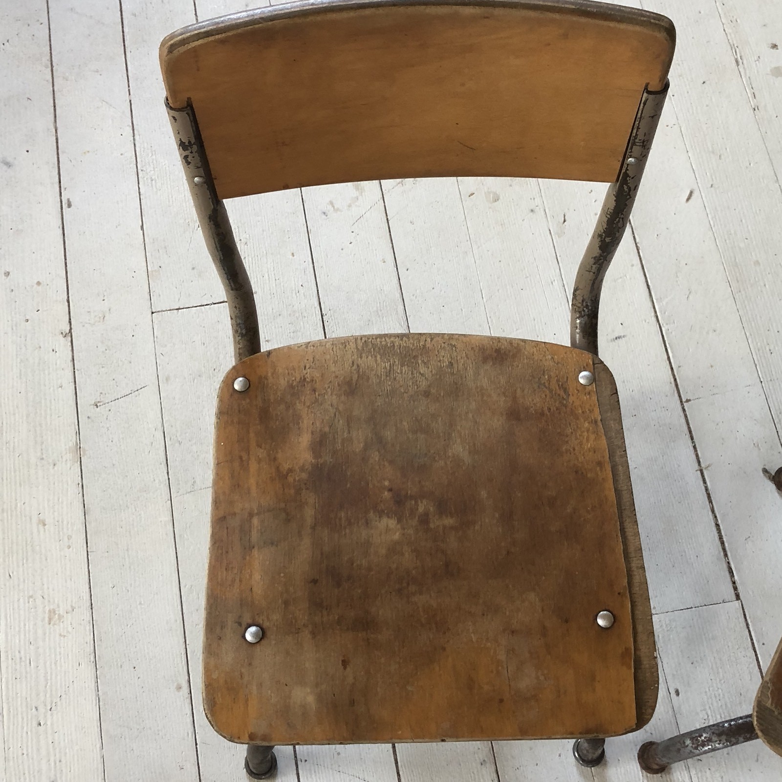 VNTGE Matching Pair of Children’s Very Small Wood/Metal School Chair Curved Legs