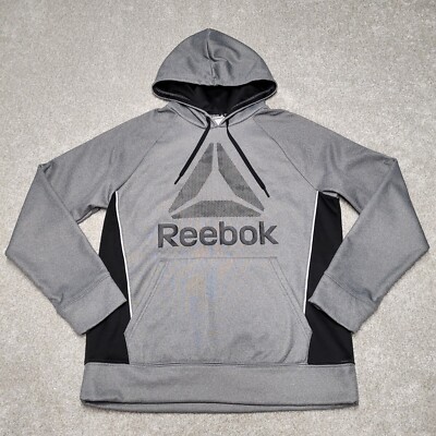 Reebok Hoodie Mens Medium Gray Pullover Sweatshirt Spellout Long Sleeve