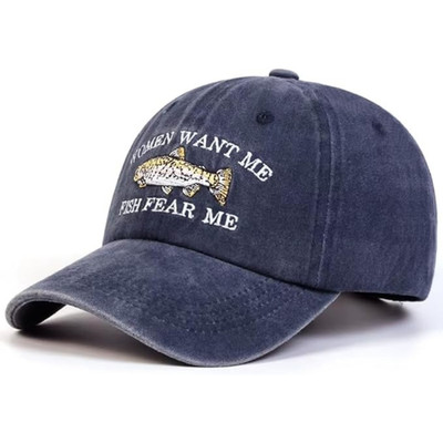 Kult Angler Cap "Women Want Me Fish Fear Me" – Vintage Washed Look – Blau