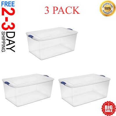 Set of 3 Large Storage Containers 105 Quart Clear Plastic Totes Latching Lids
