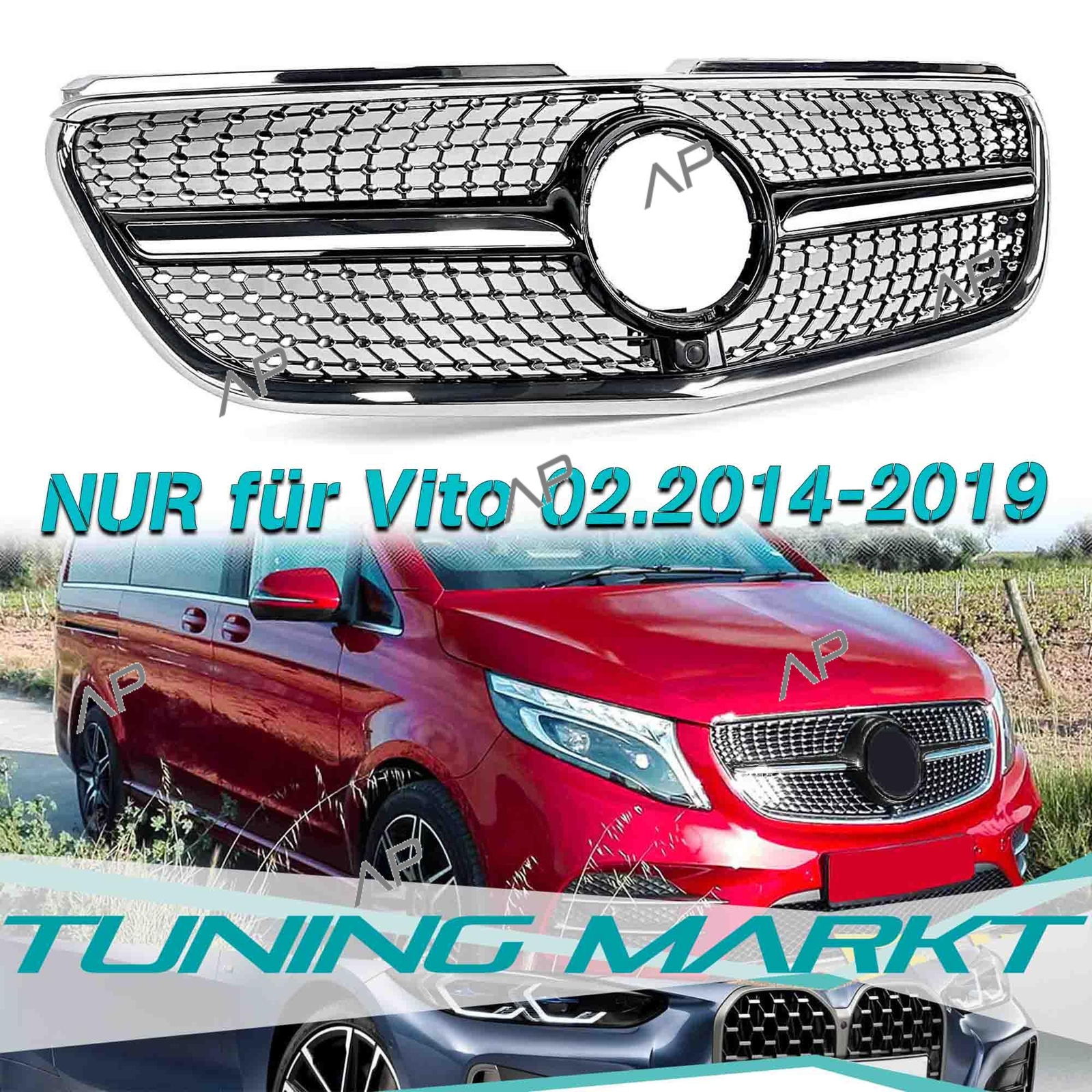 Schwarz GT Kühlergrill Für Mercedes V Klasse W447 Facelift Mit