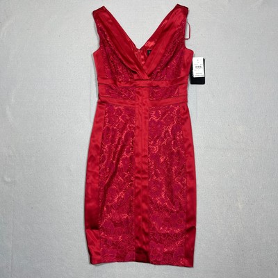NEW JAX Midi Dress V-Neck Ruby Red Size 4 Satin & Lace Sleeveless Sheath Lined