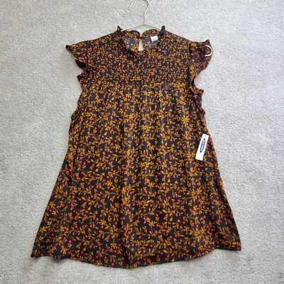 Old Navy Blouse Top Women Medium Black Brown Floral Babydoll Smock Ruffle Sleeve