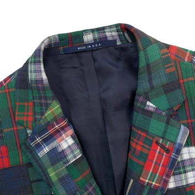 38 R Hickey Freeman Blue / Green Canvas Cotton Patchwork Madras Blazer Made USA