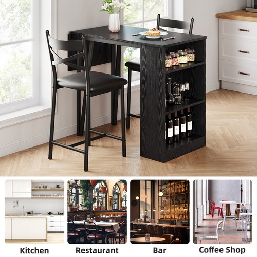 Dining Set Storage Shelves Table and 2 Height Chairs Bar Stools Kitchen Counter