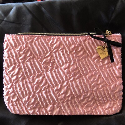 Cute Femme Makeup Pouch Pink With Black Bow and Gold Heart Zipper Detail NEW