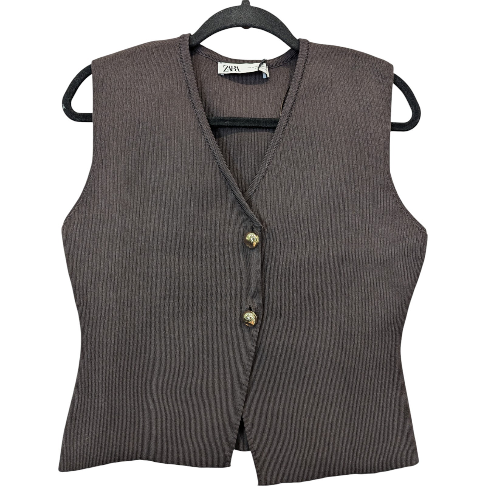 Zara Womens Vest Knit Top Cardigan Gray XL V-neck Gold