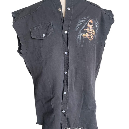 Spiral Direct Men Sleeveless Stone Wash Worker Grim Reaper Middle Finger Size M