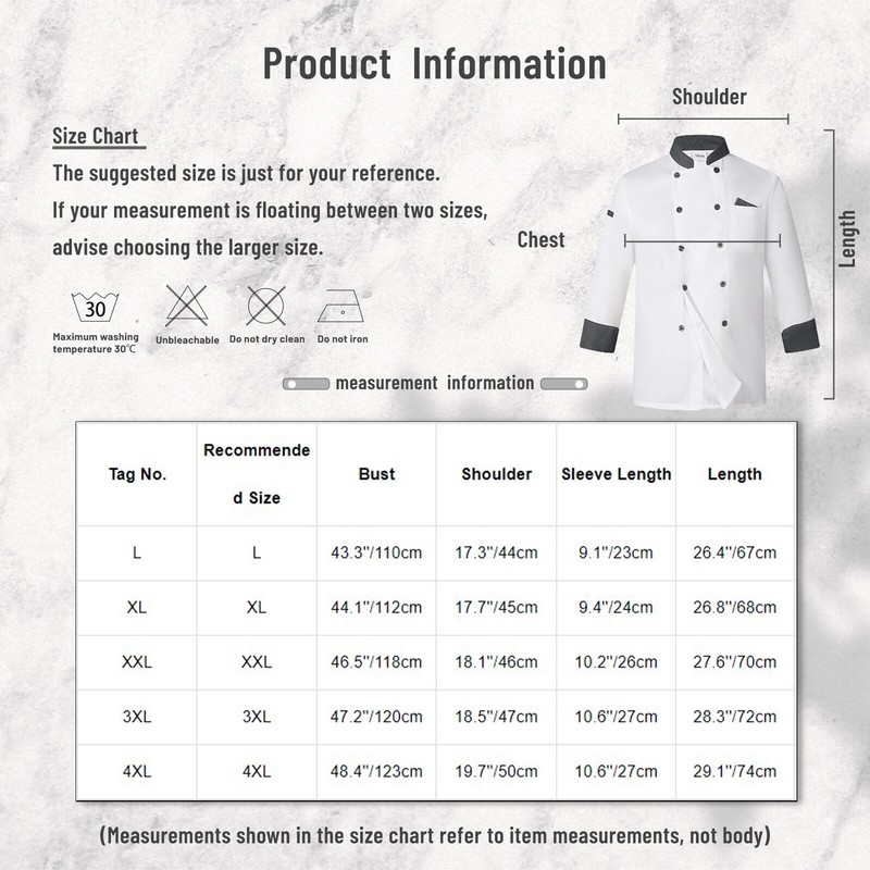 US Men's Long Sleeve Button Chef Coat Jackets Restaurant Kitchen Cooking Uniform