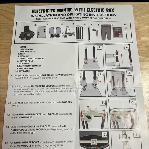 Spirit Halloween Tekky Electrified Maniac Prop Instruction Manual Only READ!