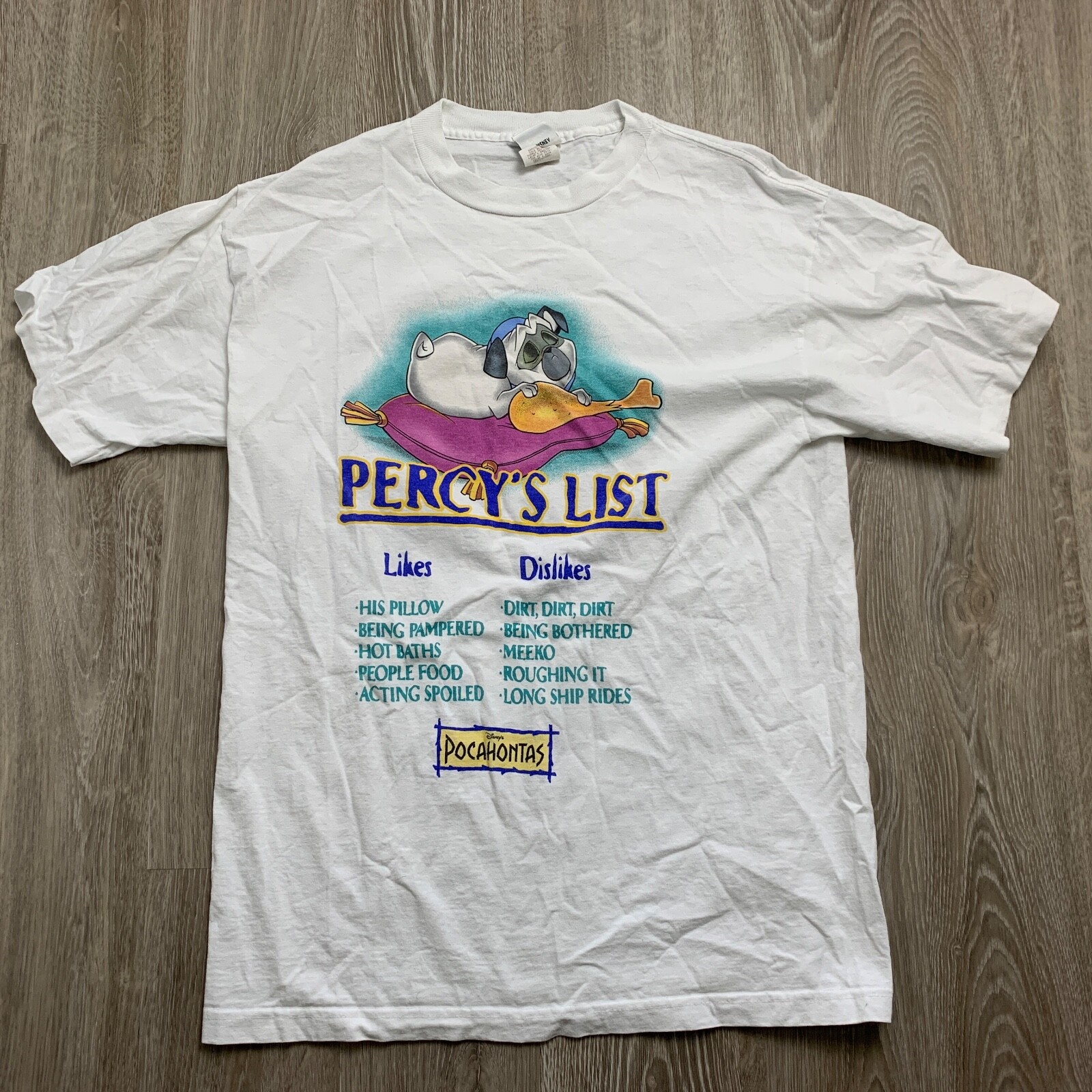 

Винтажная белая футболка Disney Pocahontas Percy List Pug Dog с рисунком, сделанная в США, Белый