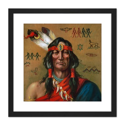 Native American Indigenous Man Portrait Painting Square Framed Wall Art 9X9 In