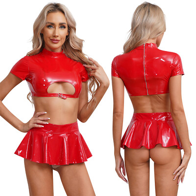 US Women's Crop Top with Miniskirt Patent Leather Lingerie Set Wet Look Clubwear