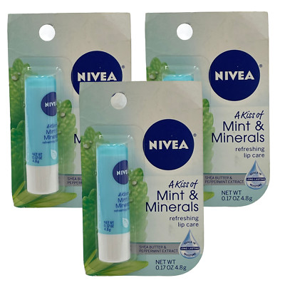 3 PK NIVEA A Kiss of Mint & Minerals Refreshing Lip Care 0.17 oz Shea Peppermint