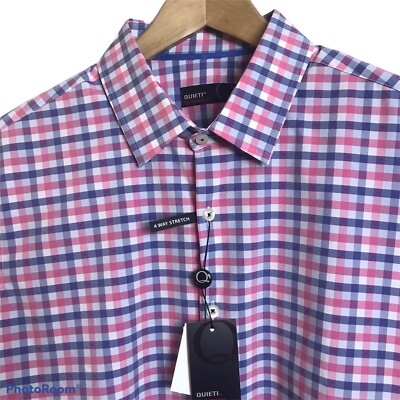 QUIETI Shirt Performance Mens Large Pink Check Wicking Stretch No Iron $115