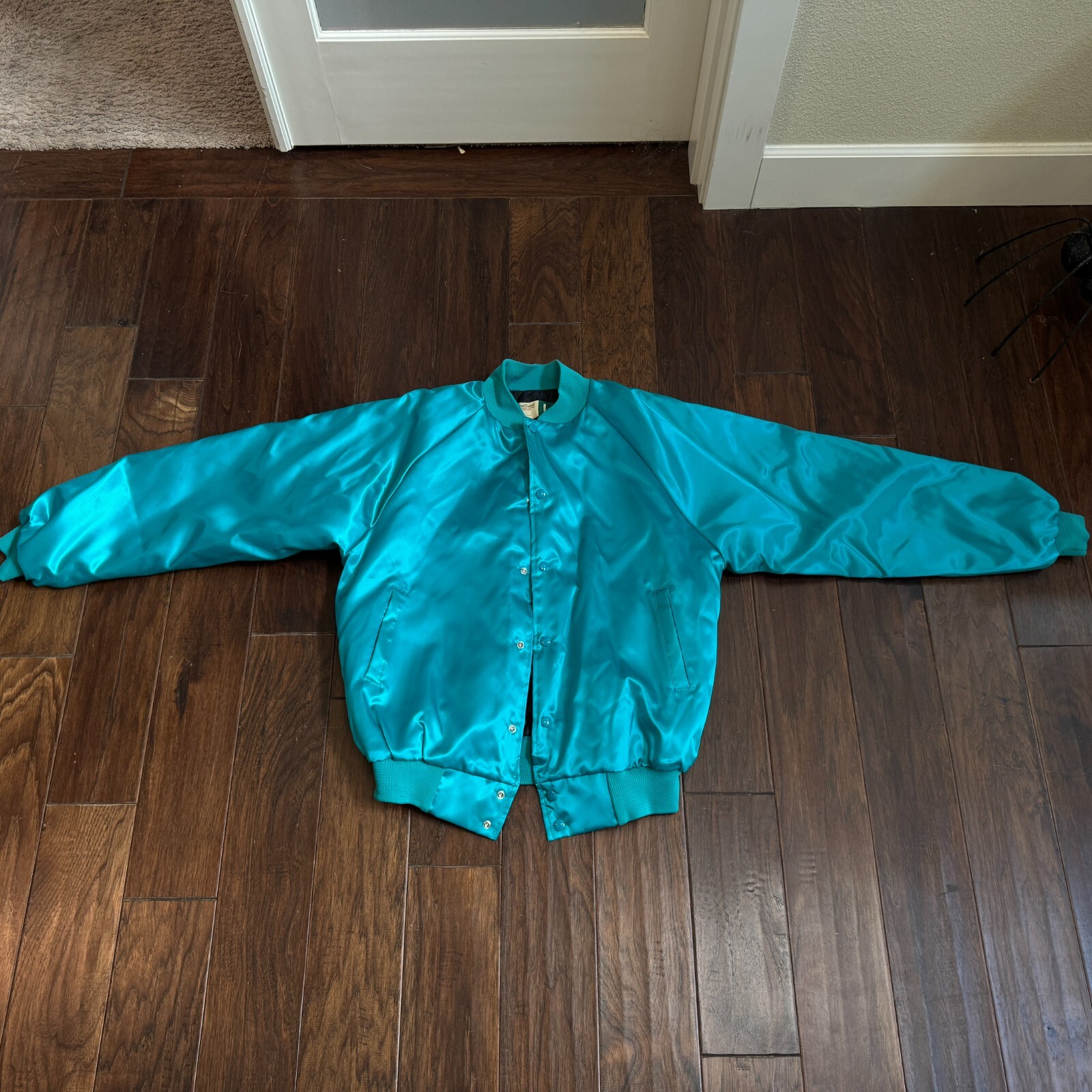 Retro Satin Jacket USA Made Green Vintage 70s 80s Mens Large