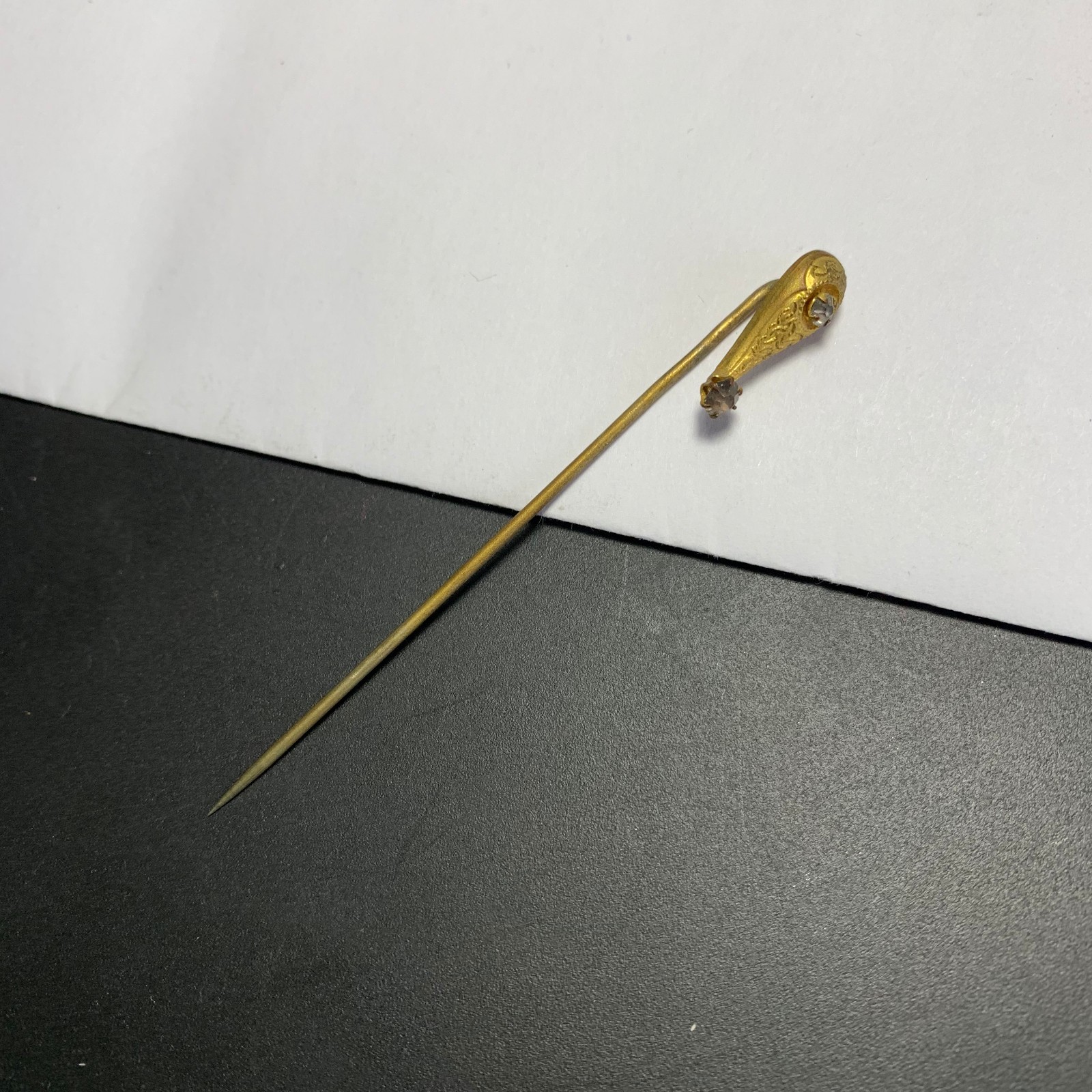 Antique Victorian Gold Plated Engraved  Paste rhinestones Stick Pin
