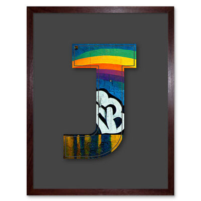 Letter J Pride Rainbow Decorative Graffiti Initial Framed Wall Art Print 9X7 In