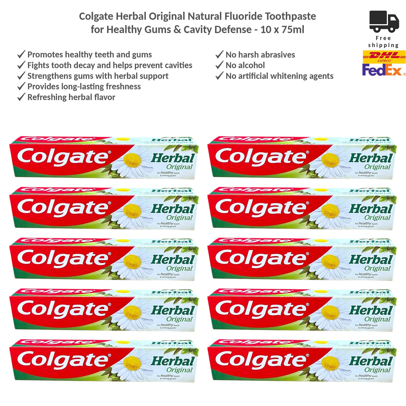 Colgate Herbal Original Toothpaste Natural Oral Care for Strong Teeth 10x75ml
