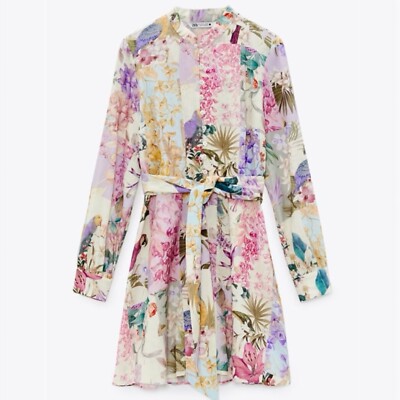 Zara Patchwork Multicolor Floral Bird Print Long Sleeve Belted Mini Dress Large