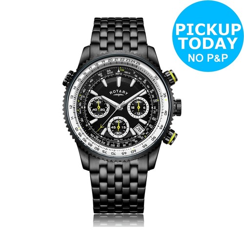 rotary men's black ip stainless steel pilot style watch