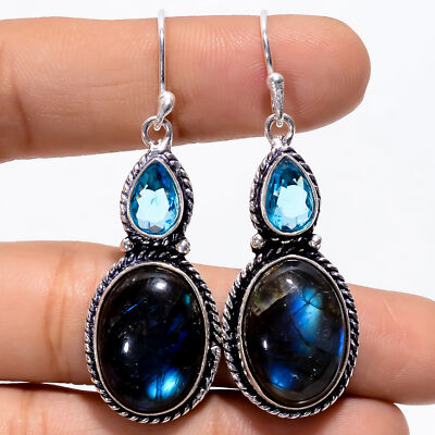 Labradorite Blue Topaz Gemstone 925 Silver Handmade Dangle Earrings 2'' ARE-2657