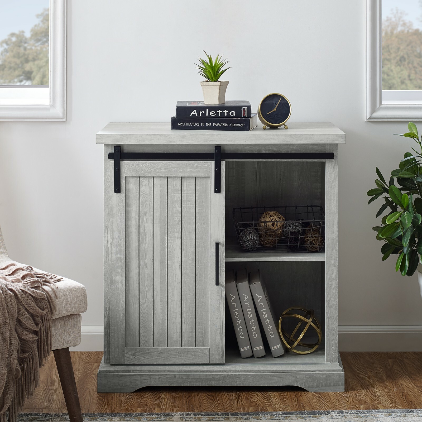 Farmhouse Rustic Cabinet  Sliding Door  Storage Small  Space 