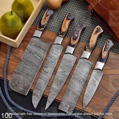 CUSTOM HANDMADE DAMSCUS STEEL, 05 PCS CHEF SET KNIVES WITH WOOD & STEEL HANDEL