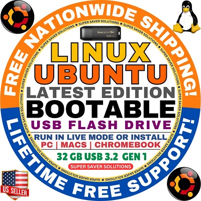 UBUNTU Linux 24.04.1 USB LTS Noble Numbat 64-Bit Live Boot, Install for MAC & PC