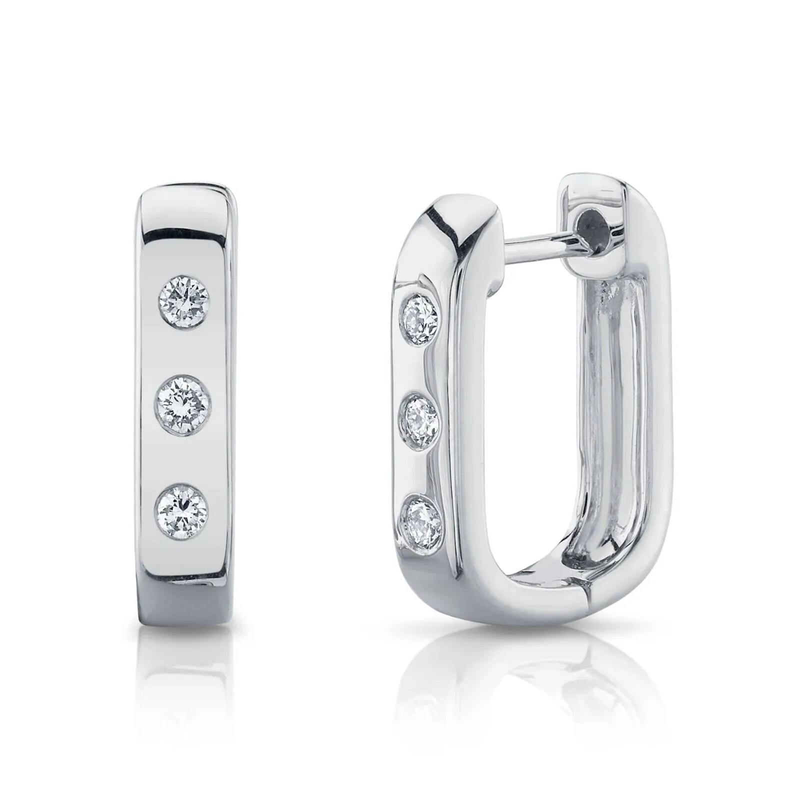 Diamond Square Hoop Earrings 14K White Gold 0.15CT Bezel Set
