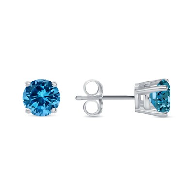 Pre-owned Shine Brite With A Diamond 1.50 Ct Round Cut Blue Earrings Studs Solid 18k White Gold Push Back Basket