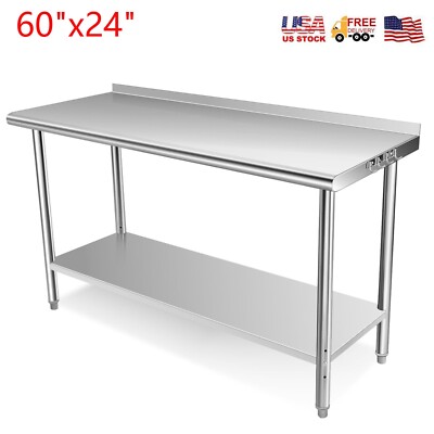 60''x24'' Stainless Steel Kitchen Prep Table NSF Commercial Workbench W/Backsplash