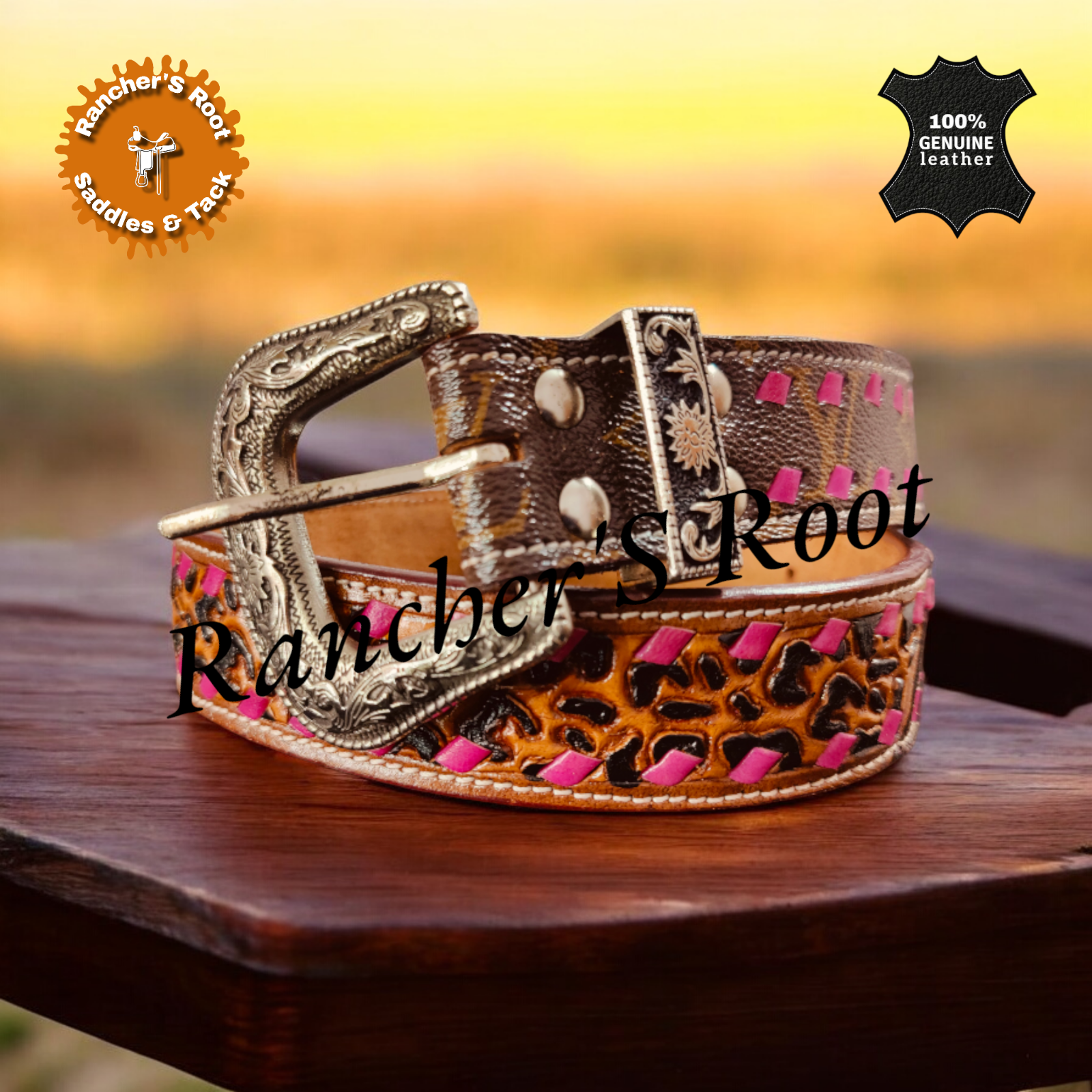 Women Leather Western Belt Leopard Tooling With Brown Print Leather