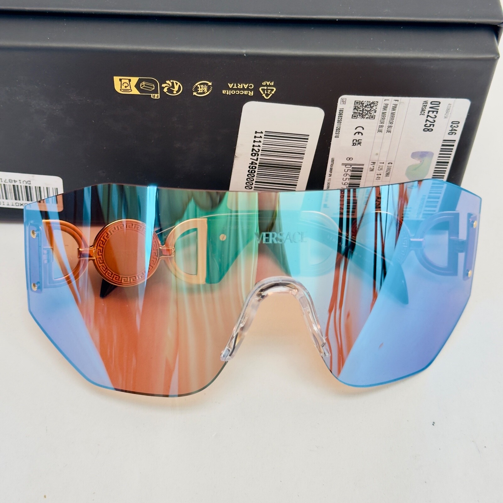 Pre-owned Versace Medusa Biggie Mask 2258 Black Blue Mirrored Ve2258 Unisex Sunglasses