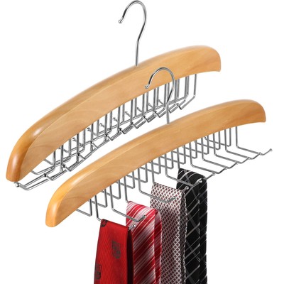 2 Pieces Tie Rack Tie Hanger 24 Hooks Wooden Tie Rack Hanger for Closet 360 D...