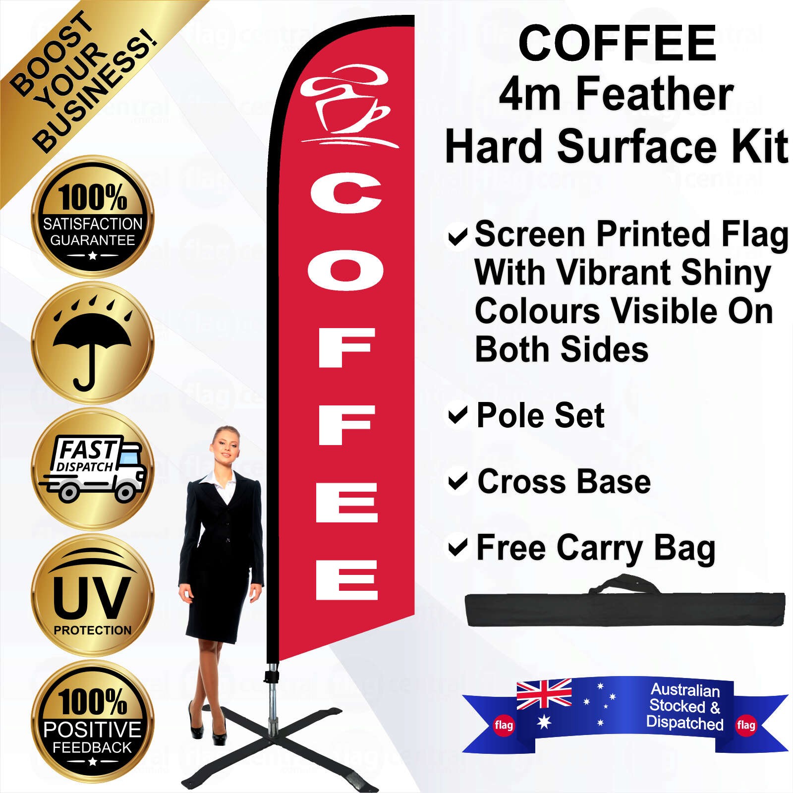 COFFEE Red 4m Feather Flag / Banner Kit with Pole Set, Steel Outdoor Cross Base and a Free Carry Bag